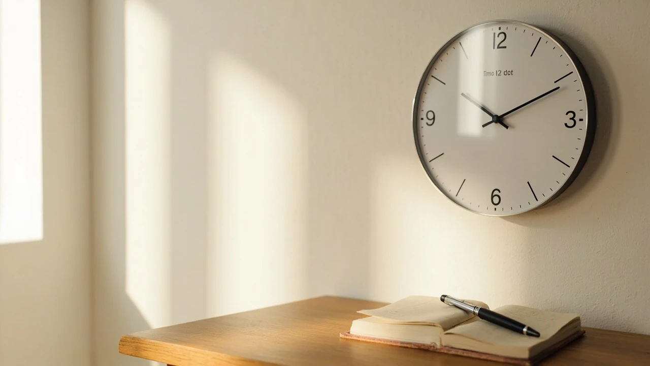 Analoge Uhr mit der Anzeige 13:31, schlichtes Zifferblatt, weiches Tageslicht